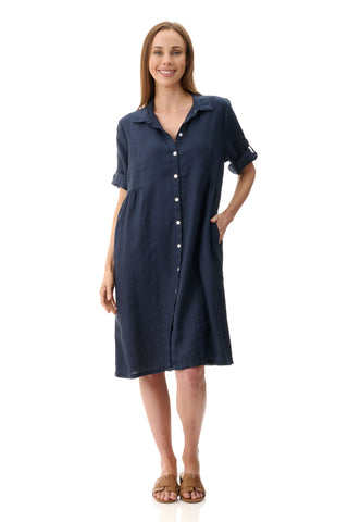 Collared linen dress - Navy