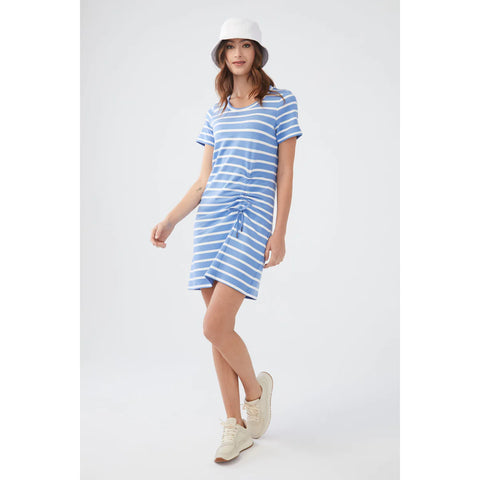 FDJ Short Sleeve Rouched Dress - Tranquil Blue Stripe