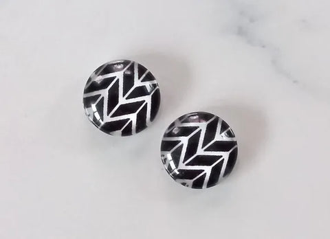Glass Domed Earrings - Abstract Black and White