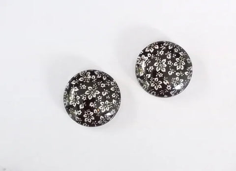 Glass Domed Earrings - Black Floral