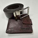 PIERRE CARDIN LEATHER WALLET AND BELT SET - CHESTNUT