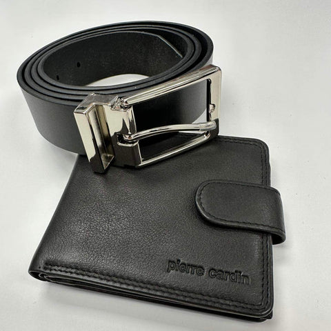 PIERRE CARDIN LEATHER WALLET AND BELT SET - BLACK