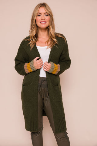 Suzy D Hunter Long Knit Cardi with Stripe Sleeve - Olive