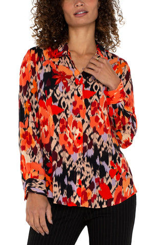 Liverpool L/S Button Front Shirt - Burnt Orange Floral
