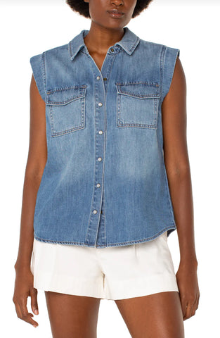 Sleeveless Button Up Soft Denim Shirt