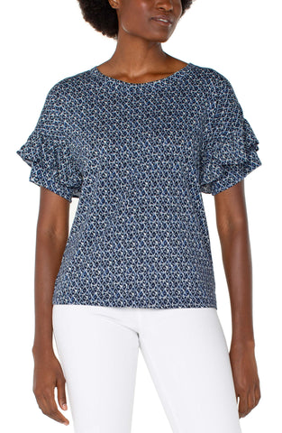 Drop Shoulder Top with Ruffle - Blue Batik