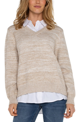 Liverpool Twofer Pullover Sweater - Light Oatmeal Melange