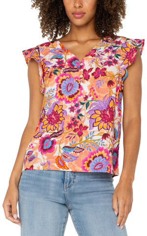 Flutter Sleeve Button Front Top - Floral Paradise