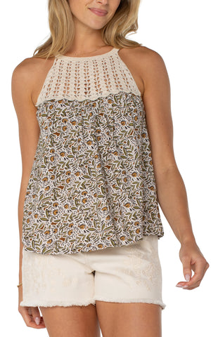 Sleeveless Knit Halter Neck Top with Crochet Detail