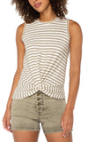 Sleeveless Knit Tee with Front Twist - Cream/Olive Stripe