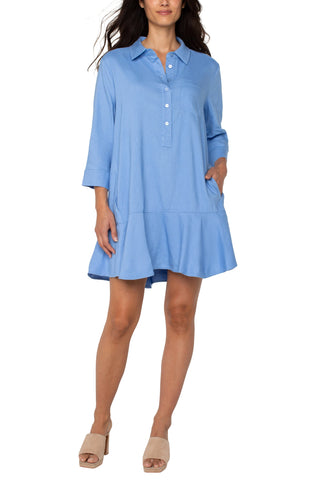 Shirt Dress with Flounce Hem - Chambray Blue
