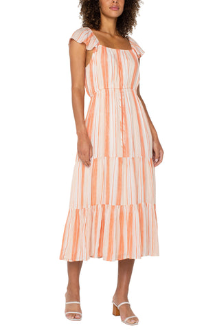 Flutter Sleeve Midi Dress - Orange/Cream Stripe