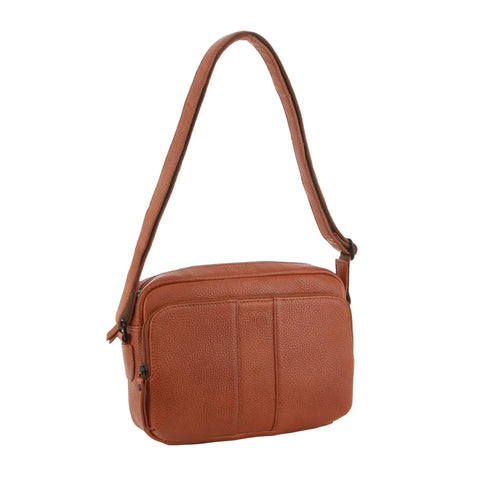 Milleni Leather Ladies Multi-Zip Cross-Body Bag - Cognac