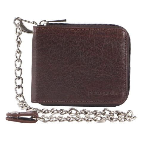 PIERRE CARDIN MEN'S ZIP-AROUND LEATHER WALLET WITH CHAIN - BROWN