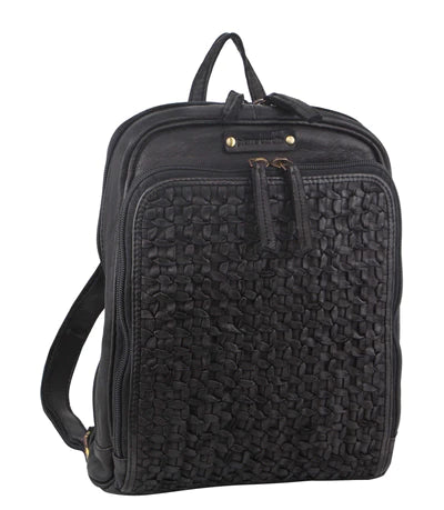 PIERRE CARDIN LADIES WOVEN LEATHER BACKPACK - BLACK