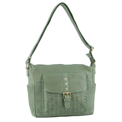 Pierre Cardin Leather Cross Body Bag with Woven Front Pocket - Green