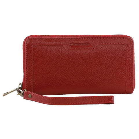 Women's Leather Zip Around Wallet with Wrist Strap - Red