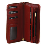 Women's Leather Zip Around Wallet with Wrist Strap - Red