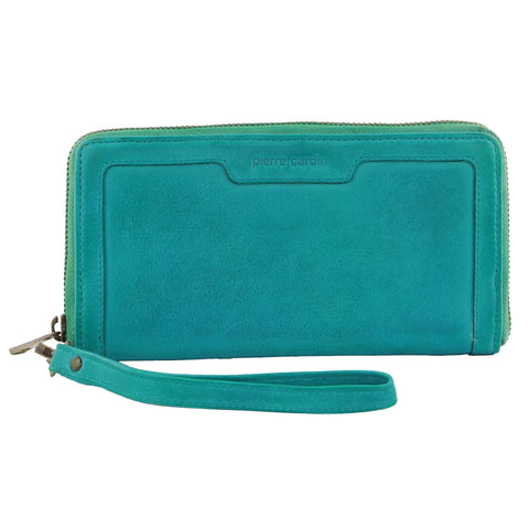 Women's Leather Zip Around Wallet with Wrist Strap - Turquoise