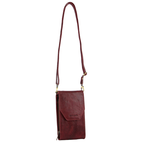 PIERRE CARDIN LEATHER CROSSBODY ORGANISER/WALLET WITH PHONE POCKET - CHERRY