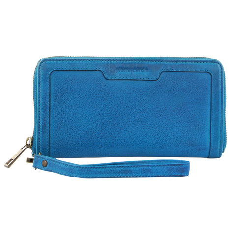 Women's Leather Zip Around Wallet with Wrist Strap - Aqua