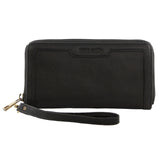 Women's Leather Zip Around Wallet with Wrist Strap - Black