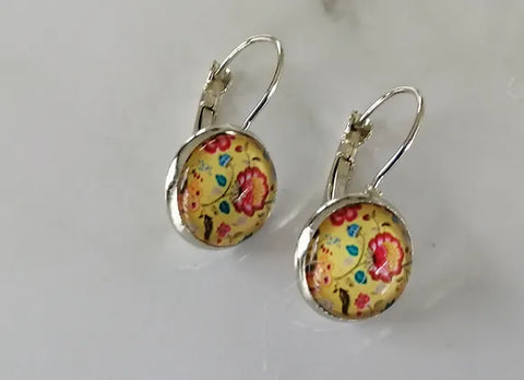 Glass Domed Earrings - Yellow Floral Dangle
