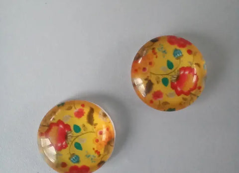 Glass Domed Earrings - Yellow Floral