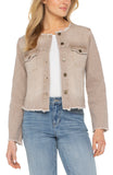 Collarless Denim Jacket - Vintage Khaki