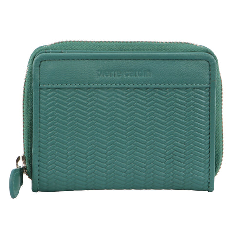 PIERRE CARDIN HERRINGBONE EMBOSSED LEATHER BIFOLD LADIES WALLET - GREEN