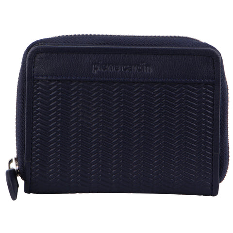 PIERRE CARDIN HERRINGBONE EMBOSSED LEATHER BIFOLD LADIES WALLET - NAVY