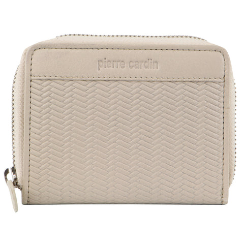 PIERRE CARDIN HERRINGBONE EMBOSSED LEATHER BIFOLD LADIES WALLET - OYSTER