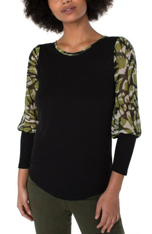 LIVERPOOL KNIT TO WOVEN LONG SLEEVE TOP - GREEN