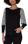 LIVERPOOL KNIT TO WOVEN LONG SLEEVE TOP - BLACK/WHITE CHECK