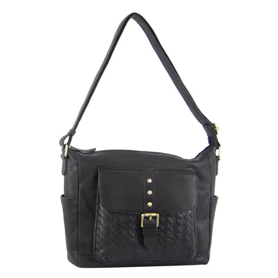 PIERRE CARDIN LEATHER CROSS BODY BAG WITH WOVEN FRONT POCKET - BLACK
