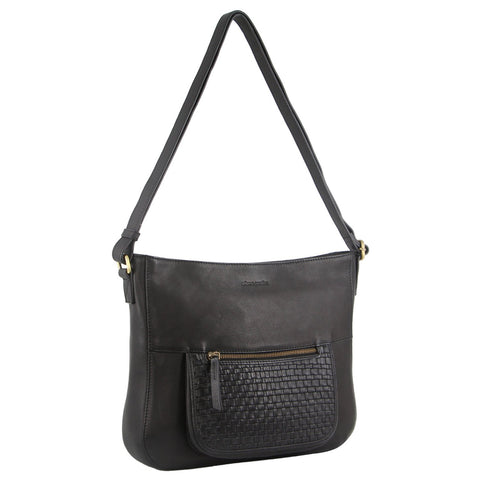 PIERRE CARDIN LARGE WOVEN EMBOSSED CROSS BODY BAG - BLACK