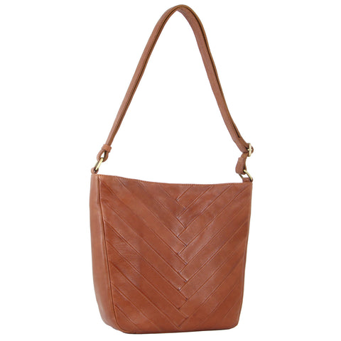 PIERRE CARDIN HERRINGBONE LEATHER LARGE CROSSBODY BAG - DARK TAN