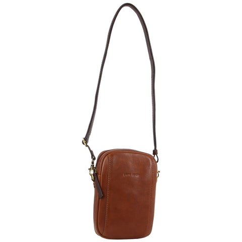 TWO TONE LEATHER CROSSBODY BAG - DARK TAN