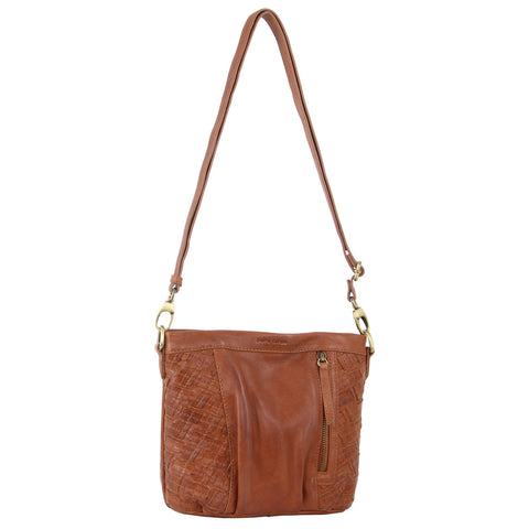 PIERRE CARDIN EMBOSSED LEATHER CROSSBODY BAG - DARK TAN