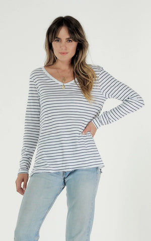 ABIGAIL L/S TEE - WHITE & INDIGO STRIPE - clearance