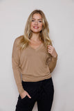SUZY D - V NECK BATWING JERSEY TOP - CAMEL