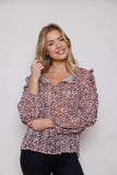SUZY D - PRINT BLOUSE WITH FRILL DETAIL - RASPBERRY
