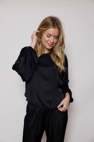 SUZY D - SATIN TOP WITH BALLOON SLEEVES - BLACK